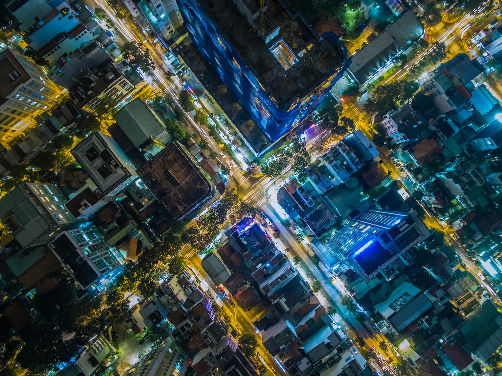 Aerial view of a city grid at night