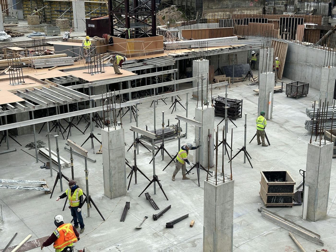 Aerial view of building foundations under construction