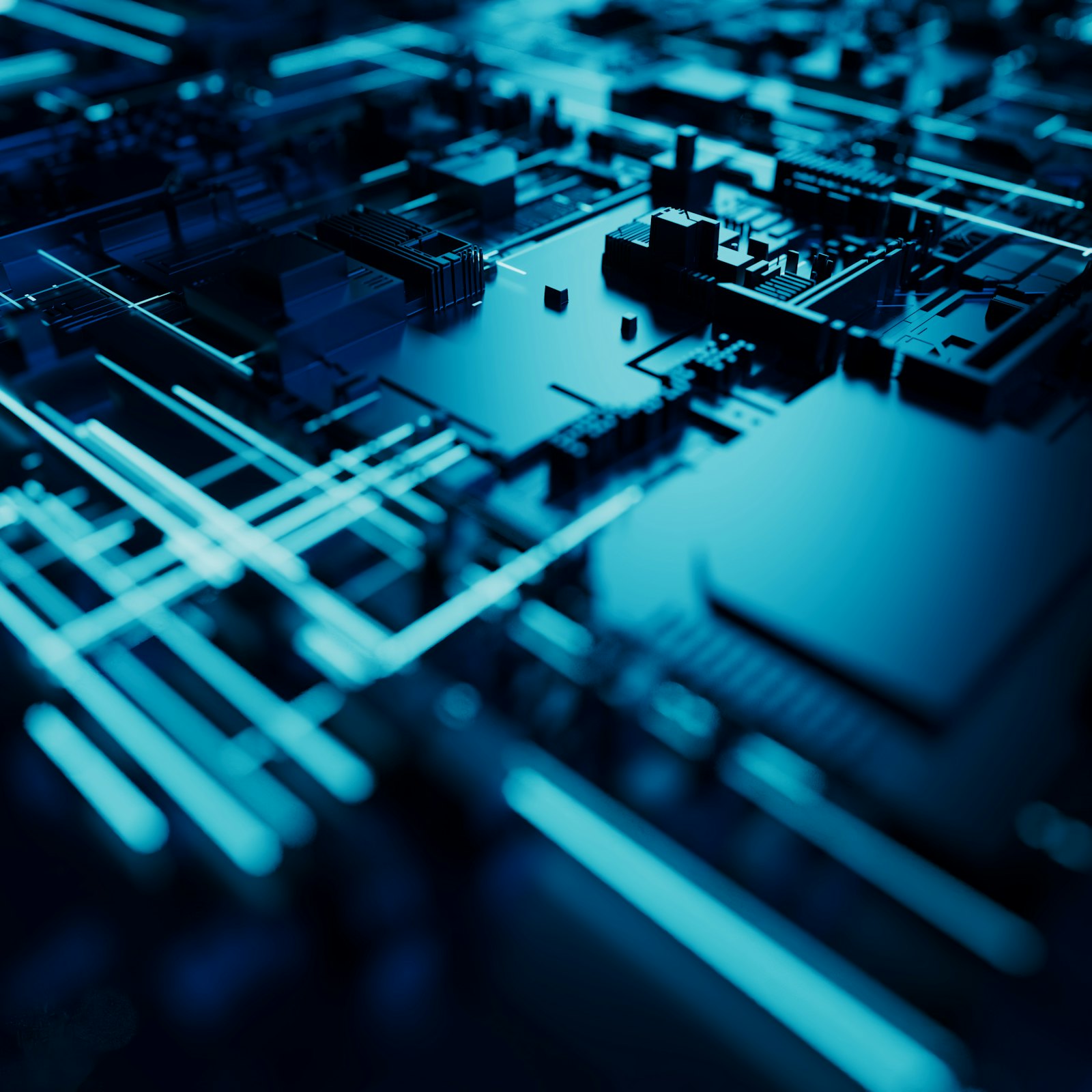 Macro photograph of a blue-lit circuit board